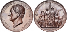 BELGIQUE, AE médaille, 1859, L. Wiener. Inauguration de la colonne du Congrès. D/ T. nue de Léopold Ier à g. R/ Quatre figures féminines drapées, repr...