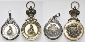 BELGIQUE, lot de 2 médailles: 1884, Véloce club bruxellois (vermeil, 33 mm, avec bélière en forme de couronne); s.d., Concours de vélocipèdes (AR, 30 ...