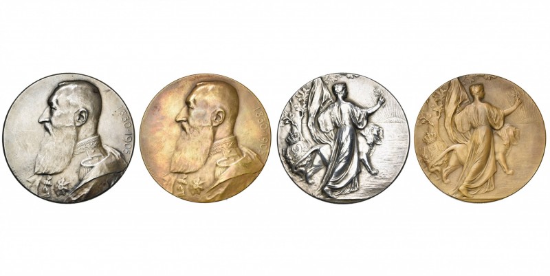 BELGIQUE, écrin de 2 médailles, 1905, Devreese, 75e anniversaire de l''indépenda...