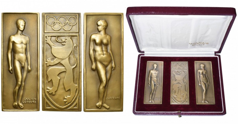 BELGIQUE, écrin de 3 médailles (2 unifaces), 1968, Lefèvre, Visite du ministre P...