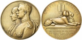 EGYPTE, AE médaille, 1930, Devreese. Visite du roi et de la reine de Belgique. D/ B. accolés d''Albert Ier et Elisabeth à g. R/ Un sphinx et un lion c...