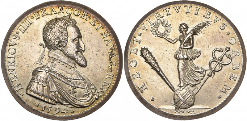 FRANCE, AR médaille, 1594, Ph. Danfrie. Entrée d''Henri IV à Paris. D/ B. l. et ...