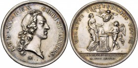 FRANCE, AE médaille, 1747, Marteau. Mariage du Dauphin et de Marie-Josèphe de Saxe. D/ T. de Louis XV à d., ceinte d''un bandeau. R/ La Prudence et l'...