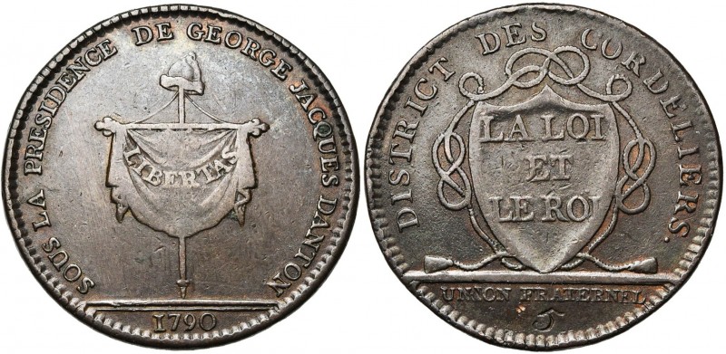 FRANCE, AE jeton, 1790. District des Cordeliers. D/ Un écu entouré d''un cordon ...
