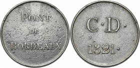 FRANCE, Plomb médaille, 1821. Construction du pont sur la Garonne. D/ PONT/ DE/ BORDEAUX R/ CD/ 1821 37mm.
Très Beau (Very Fine)
