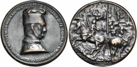 ITALIE, AE médaille, s.d. (1441 ?), Pisanello. Filippo Maria Visconti, duc de Milan. D/ B. à d., coiffé d''un bonnet. R/ OPVS PISANI PICTORIS Trois ca...