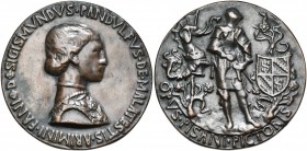 ITALIE, AE médaille, s.d. (vers 1445), Pisanello. Sigismond Pandolfo Malatesta, seigneur de Rimini. D/ SIGISMVNDVS PANDVLFVS DE MALATESTIS ARIMINI FAN...