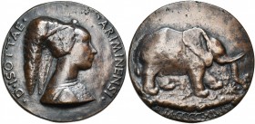 ITALIE, AE médaille, 1446, Matteo de'' Pasti. Isotta degli Atti, de Rimini. D/ D ISOTTAE ARIMINENSI B. à d., les cheveux relevés et couverts d''un voi...