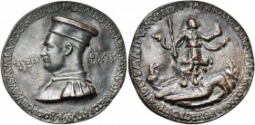 ITALIE, AE médaille, 1473, Sperandio de Mantoue. Pellegrino Prisciani, conseiller du duc de Ferrare. D/ B. à g., coiffé du mortier. R/ Prométhée deb. ...