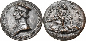 ITALIE, AE médaille, 1479, Sperandio de Mantoue. Virgilio Malvezzi de Bologne. D/ B. à g. R/ MCCCC-LXXVIIII/ OPVS SPERANDEI Vieil homme assis sur un s...