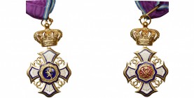 CONGO BELGE, Ordre du Lion, créé en 1891, croix de commandeur, avec ruban. Modèle bilingue en métal doré. Fabrication moderne. Le centre du droit enfo...