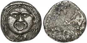 Etruria, Populonia, 20 Asses, ca. 320-280 BC; AR (g 8,23; mm 20); Gorgoneion; below, X:X, Rv. No type. HNItaly 152; Vecchi 49.
Very rare; rough revers...