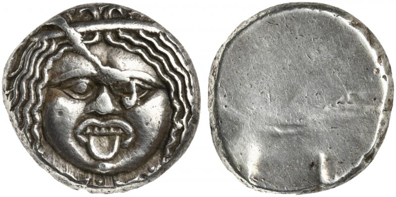 Etruria, Populonia, 20 Asses, ca. 320-280 BC; AR (g 8,26; mm 19); Gorgoneion; be...