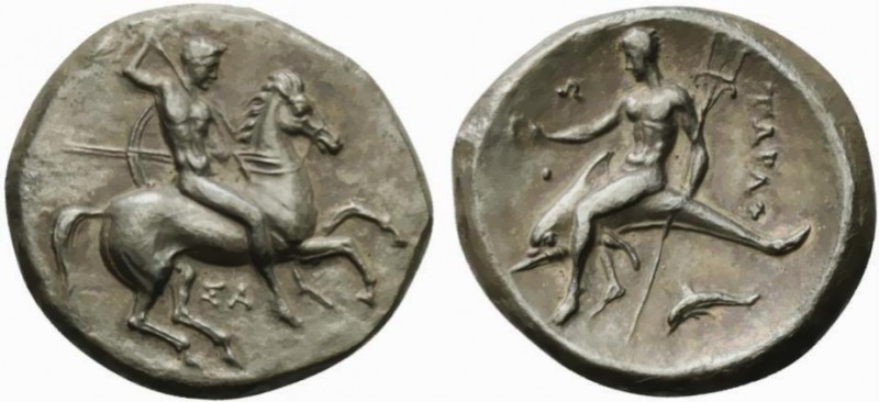Apulia, Tarentum, Nomos, ca. 332-302 BC; AR (g 8,11; mm 22; h 12); Horseman gall...