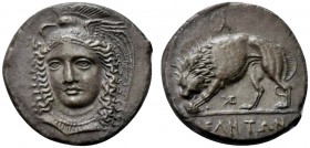 Lucania, Velia, Didrachm signed by Kleudoros, ca. 334-300 BC; AR (g 7,62; mm 20; h 6); Head of Athena facing three quarters l., with winged and creste...