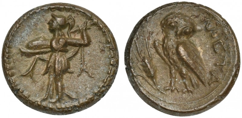 Lucania, Metapontion, Bronze, ca. 225-200 BC; AE (g 3,43; mm 15; h 7); Athena Al...