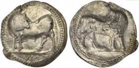 Lucania, Sybaris, Stater, ca. 550-510 BC; AR (g 8,16; mm 30; h 12); Bull advancing l., looking backwards; in ex. MV (retrograde), Rv. Same type incuse...