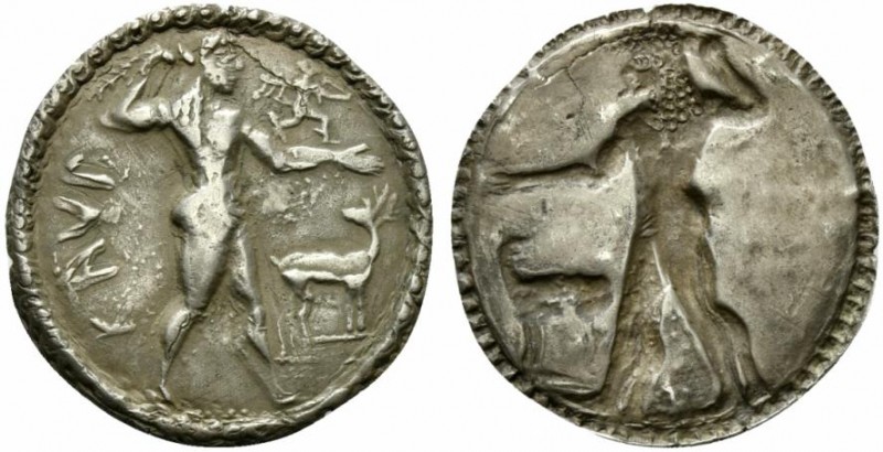 Bruttium, Caulonia, Nomos, ca. 525-500 BC; AR (g 6,55; mm 31; h 12); KAVΛ, Apoll...