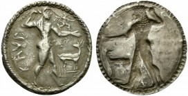 Bruttium, Caulonia, Nomos, ca. 525-500 BC; AR (g 6,55; mm 31; h 12); KAVΛ, Apollo, diademed, walking r., holding laurel branch in upraised r. hand and...