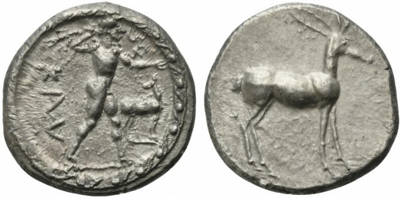 Bruttium, Caulonia, Stater, ca. 475-425 BC; AR (g 8,05; mm 22; h 12); KAV, Apoll...