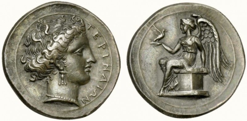Bruttium, Terina, Stater, ca. 300-356 BC; AR (g 7,50; mm 22; h 6); TEPINAIΩN, fe...