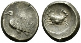Sicily, Akragas, Didrachm, ca. 488-478 BC; AR (g 8,54; mm 20; h 1); AKRA, eagle standing l., Rv. crab within incuse circle. Westermark 180.
Cabinet to...