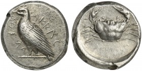 Sicily, Akragas, Didrachm, ca. 450-440 BC; AR (g 8,71; mm 18; h 3); AKRAC - ANTOS (partially retrograde), eagle standing l. on dotted line, Rv. Crab w...