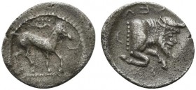 Sicily, Gela, Litra, ca. 465-450 BC; AR (g 0,71; mm 12; h 12); Bridled horse advancing; above, wreath, Rv. ΓΕΛ - Α - Σ, forepart of man-headed bull r....