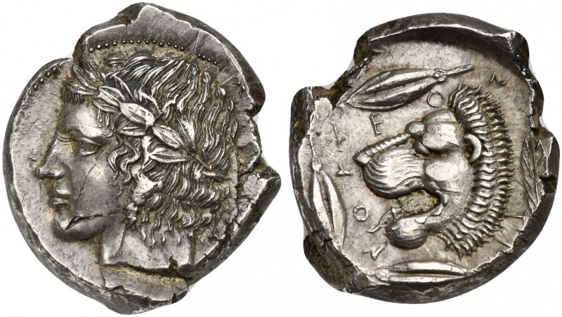 Sicily, Leontini, Tetradrachm, ca. 425 BC; AR (g 17,17; mm 27; h 11); Laureate h...
