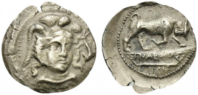 Sicily, Morgantina, Litra, ca. 339-317 BC; AR (g 1,06; mm 13; h 6); Helmeted hea...