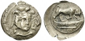 Sicily, Morgantina, Litra, ca. 339-317 BC; AR (g 1,06; mm 13; h 6); Helmeted head of Athena facing slightly r.; on l., downward, MOPΓAN[...] (retrogra...