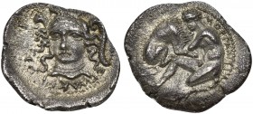 Sicily, Morgantina, Litra, after 334 BC; AR (g 1,12; mm 15; h 11); ENAKRIOS (retrograde), bust of Athena facing three-quarter l., wearing double-neckl...