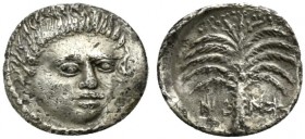 Sicily, Motya, Litra, ca. 415-397 BC; AR (g 0,77; mm 12; h 12); Gorgoneion facing slighty to r. Rv. Palm tree; on field, 'mtv' (in Punic). SNG ANS 507...