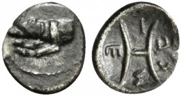 Sicily, Segesta, Hemilitron, ca. 440-420 BC; AR (g 0,32; mm 8; h 6); Forepart of a hound to l., Rv. Σ - E - Γ - E, around large H (mark of value); all...