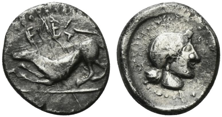 Sicily, Segesta, Hemidrachm, ca. 380 BC; AR (g 1,86; mm 13; h 12); Hound to l.; ...