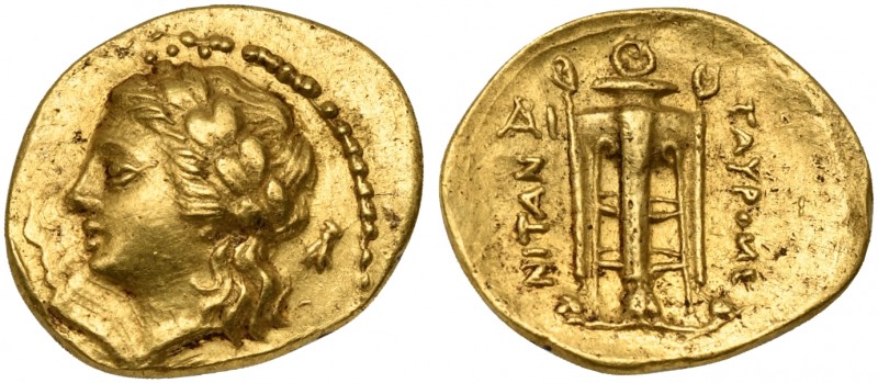 Sicily, Tauromenion, 15 Litrai, ca. 275-210 BC; AV (g 1,17; mm 12; h 12); Laurea...