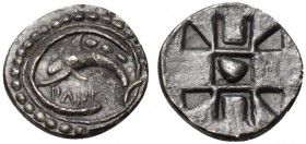 Sicily, Messana - Zankle under the Samians, Chalcidian Hemiobol, ca. 520-510 BC; AR (g 0,24; mm 7); DANKVE, dolphin leaping l.; above, three pellets; ...