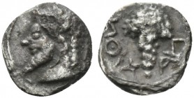 Sicily, Naxos, Litra, ca. 530-510 BC; AR (g 0,65; mm 10; h 4); Head of Dionysos l., wearing ivy wreath, Rv. NA - XION (retrograde), bunch of grape. Ca...
