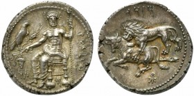 Cilicia, Tarsos, Stater under Satrap Mazaios, 361-334 BC; AR (g 10,92; mm 23; h 7); ‘Baaltars’ in Aramaic, Baal of Tarsos seated l, holding eagle, gra...