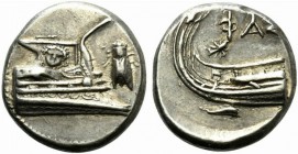 Lycia, Phaselis, Stater, 4th century BC; AR (g 10,27; mm 21; h 5); Prow of galley r., fighting platform decorated with facing gorgoneion; on r., cicad...