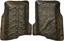 ‘Ramo secco' ingot, Central Italy, 5th to 4th centuries BC; AE (g 885; mm 95x76x24); Herringbone pattern, Rv. Dolphin. Garrucci p. 8, pls. 12,1-2 and ...