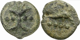 Roman Republic, Dioscuri/Mercury series, Cast Triens, Rome, ca. 280 BC; AE (g 77; mm 45; h 12); Thunderbolt; in field, °° °°, Rv. Dolphin swimming r.;...