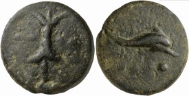 Roman Republic, Dioscuri/Mercury series, Cast Triens, Rome, ca. 280 BC; AE (g 66; mm 47; h 12); Thunderbolt; in field, °° °°, Rv. Dolphin swimming r.;...