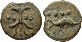 Roman Republic, Dioscuri/Mercury series, Cast Triens, Rome, ca. 280 BC; AE (g 113; mm 50; h 12); Thunderbolt; in field, °° °°, Rv. Dolphin swimming r....