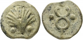 Roman Republic, Dioscuri/Mercury series, Cast Sextans, Rome, ca. 280 BC; AE (g 53; mm 35; h 6); Scallop-shell; below, ° °, Rv. Caduceus; in field, ° °...