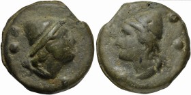 Roman Republic, Apollo/Apollo series, Cast Sextans, Rome, ca. 270 BC; AE (g 59; mm 37; h 12); Head of Dioscurus r., wearing pileus; behind, °°, Rv. Sa...