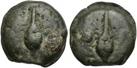 Roman Republic, Apollo/Apollo series, Cast Uncia, Rome, ca. 270 BC; AE (g 29; mm 26; h 12); Barley-grain; beside, °, Rv. Same type. Crawford 18/6; ICC...