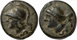 Roman Republic, Sickle symbol series, Cast Semis, Rome, ca. 240 BC; AE (g 135; mm 53; h 12); Head of Minerva l., wearing Corinthian helmet; below, S, ...