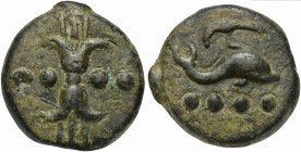 Roman Republic, Sickle symbol series, Cast Triens, Rome, ca. 240 BC; AE (g 96; mm 48); Thunderbolt; in field, °° °°, Rv. Dolphin swimming r.; below, °...