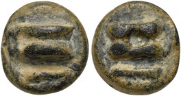 Roman Republic, Club symbol series, Cast Uncia, Rome, ca. 235 BC; AE (g 48; mm 27; h 12); knucklebone (astragalos) seen from outside; below, club, Rv....